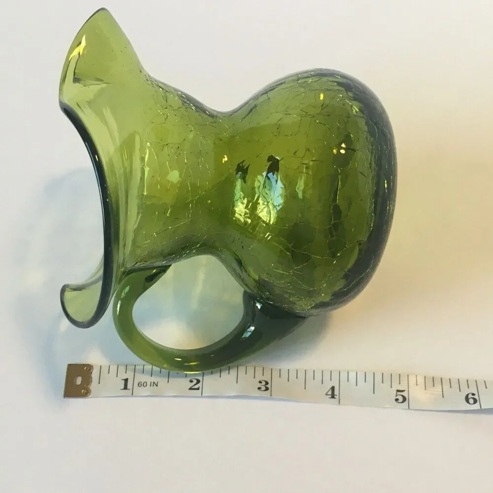Vintage Rainbow Crackle Glass Pitcher Green Mid Century Art Glass Mini Pitcher